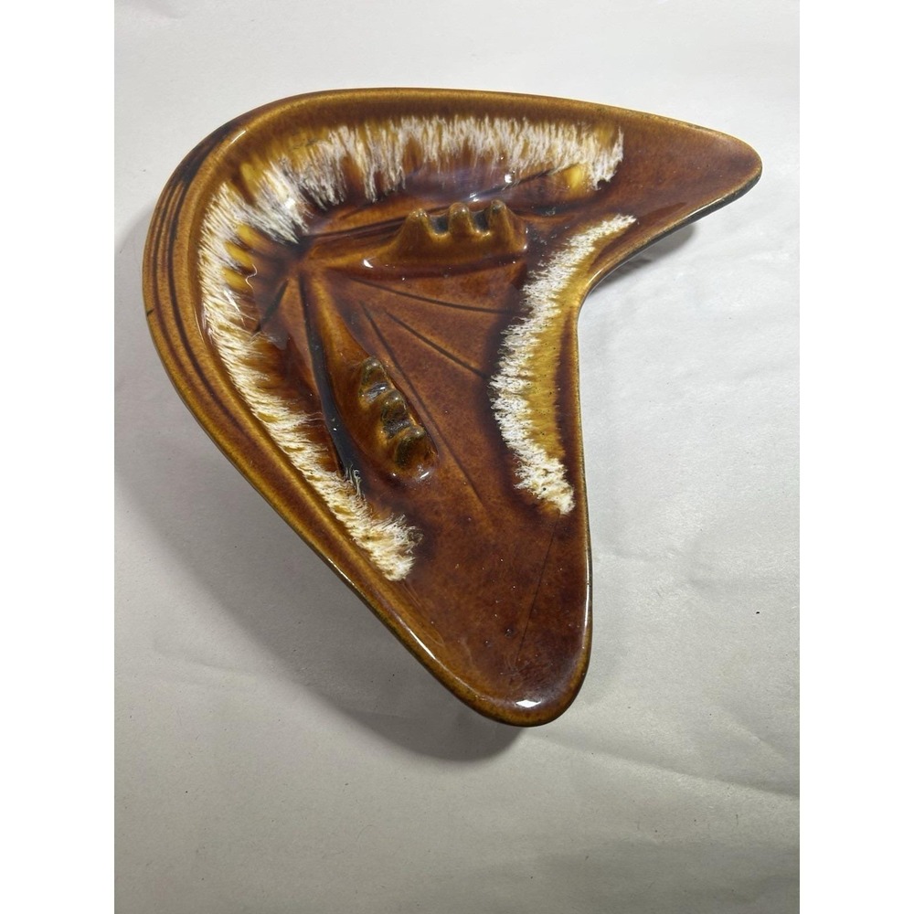 VTG Drip Glaze Atomic Boomerang Ashtray Ceramic Large MCM 70's Brown Gold White